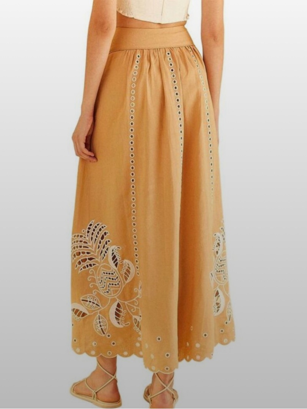 FARM Rio Tan Maxi Skirt with White Cutwork Embroidery - Picture 2 of 6